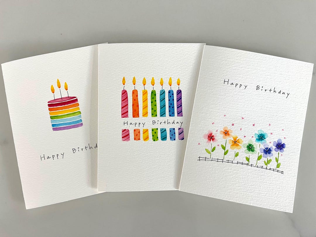 Original Hand Painted Watercolor Birthday Card Set – Rainbow Cake ...