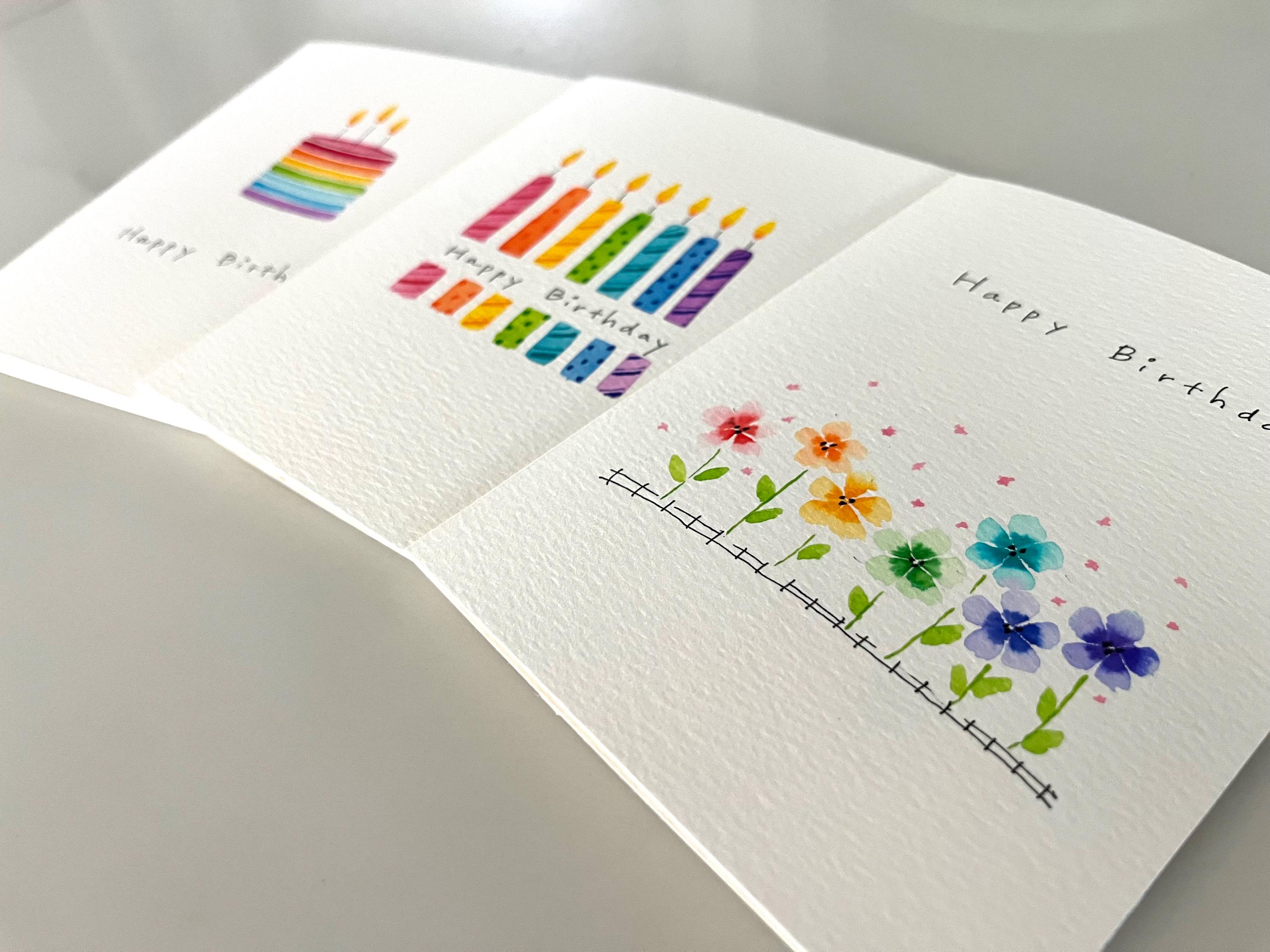 Original Hand Painted Watercolor Birthday Card Set – Rainbow Cake ...