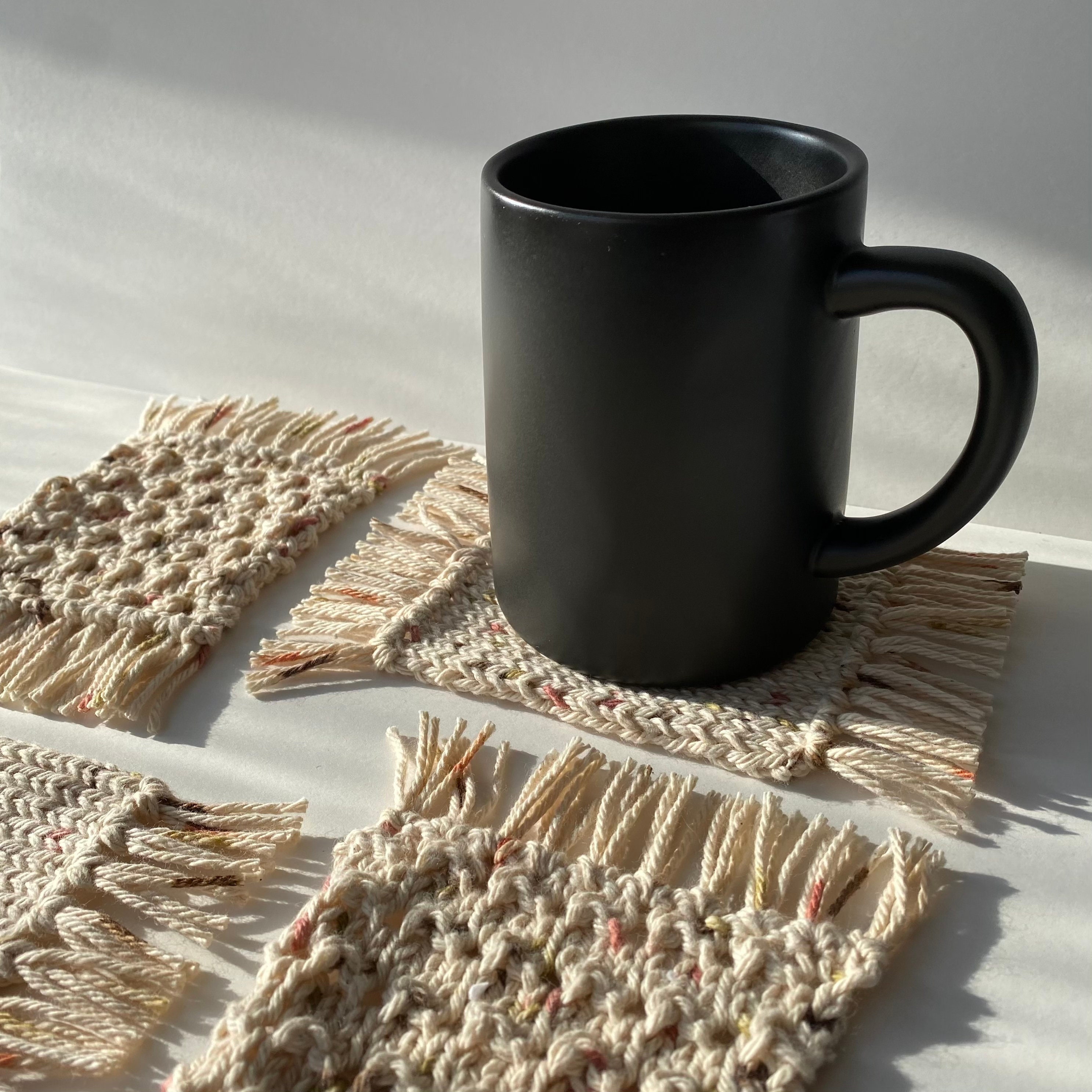 Knit Coasters Set of 4 Mug Rug Fringe Knit Coasters Cream Etsy