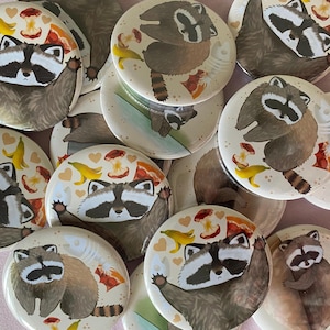 Raccoon cute funny badges buttons pinback buttons pins - raccoon kawaii cute art - silly raccoon art - raccoon badge - raccoon pin - raccoon