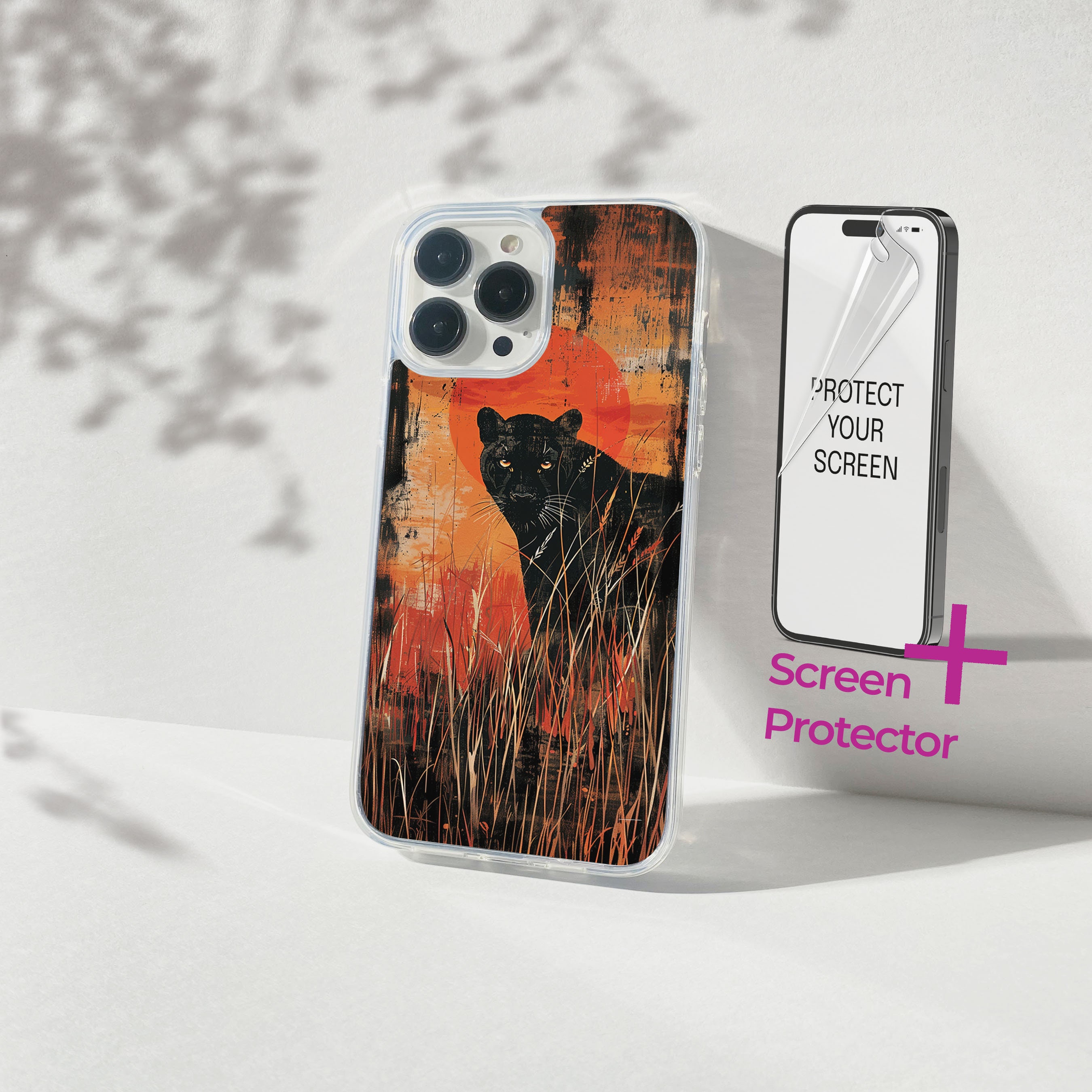 Mysterious Cat Phone Case Sunset Cover fit for iPhone 15 Pro Max, 14 Plus, 13, 12, 11, XR & Samsung S24, S23, A54, A53, Screen Protector