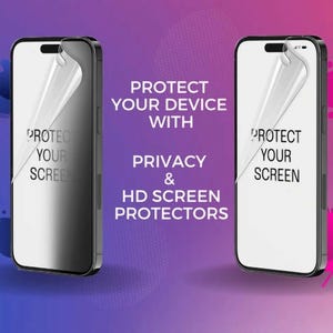 Op de afbeelding: Twee smartphone-schermbeveiligers, een heldere en een privacy-schermbeveiliger, worden getoond op een roze en paarse achtergrond. De tekst "Bescherm uw apparaat met privacy- en HD-schermbeveiligers" wordt in het midden van de afbeelding weergegeven.