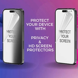 Può includere: Due pellicole protettive per schermo di smartphone, una trasparente e una per la privacy, sono mostrate su uno sfondo rosa e viola. Il testo "Proteggi il tuo dispositivo con pellicole protettive per schermo privacy e HD" è visualizzato al centro dell'immagine.