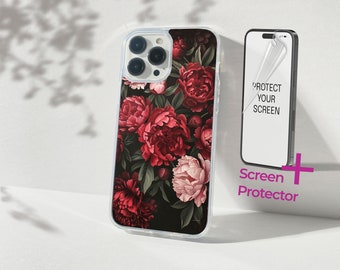 Coque de portable fleurs printanières, jolie coque pivoine adaptée pour iPhone 15 Pro Max, 14 Plus, 13, 12, 11, XR et Samsung S24, S23, A54, A53, Pixel 8A, 6A