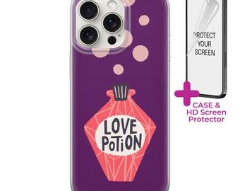 Potion d'amour coque de portable pour iPhone 15 Pro Max 14 Plus 13 12 11 XR Samsung S23, S22 A54, A53, Pixel 6A Protecteur d'écran