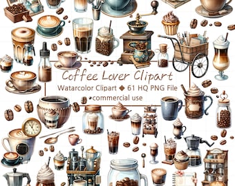 Coffee Lover Watercolor Clipart Set: 61 PNG Files (Digital Download)