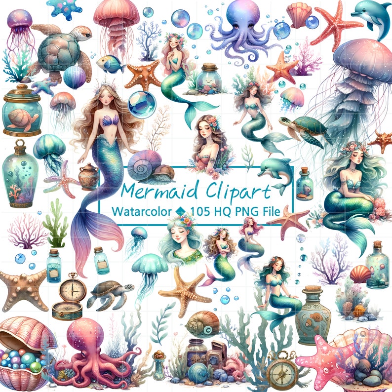 Beautiful Mermaid Digital Products Watercolor Clipart Set of 104 Ver.2 ...