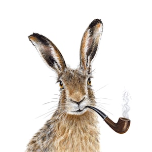 May include: A detailed illustration of a hare with brown fur, long ears, and a pipe in its mouth. The hare is smoking a pipe, with smoke rising from the pipe's bowl. The background is plain white.
