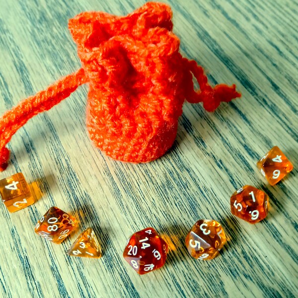 Mini Dice Set with Matching Orange Handmade Dice Bag - Crochet Drawstring Dice Bag and Matching Mini Dice DND TTRPG - Orange Miniature Dice