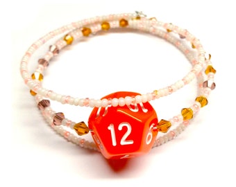 D12 Dice Bracelet - Orange 12 Sided Dice Jewellery - Geeky Gift - DND Dice TTRPG - D20 bracelet with beads - Dungeons and Dragons RPG