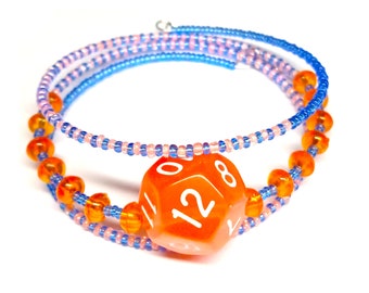 D12 Dice Bracelet - Orange & Blue 12 Sided Dice Jewellery - Geeky Gift - DND Dice TTRPG - D20 bracelet with beads - Dungeons and Dragons RPG