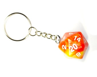 D20 Dice Keyring - Orange & Yellow 20 Sided Die Keychain - Geeky Gift - DND Dice TTRPG - Dungeons and Dragons Present for Game Director