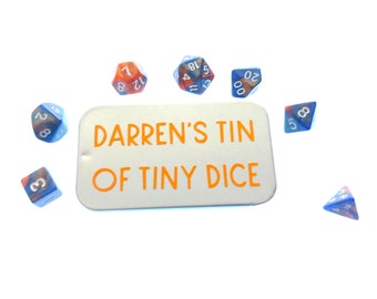 Mini Dice Set with Mini Tin - Personalised and Your Choice of Dice - Teeny Tin of Tiny Dice DND TTRPG - Miniature Dice Set