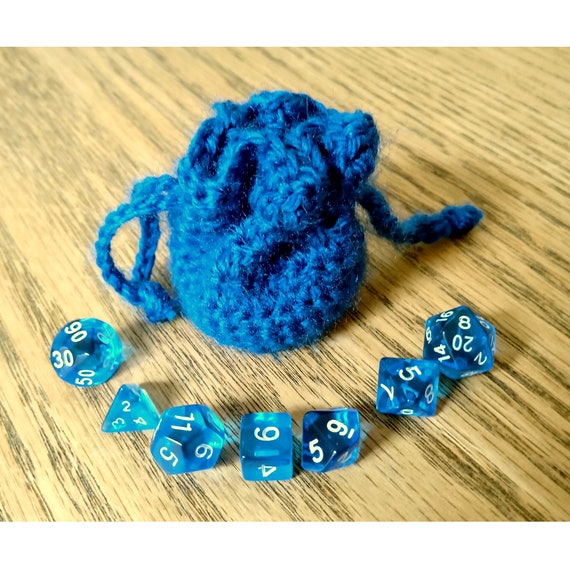 Mini Sapphire Dice Set With Handmade Crochet Dice Bag - DND TTRPG