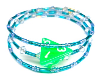 D4 Dice Bracelet - Green with Blue 4 Sided Dice Jewellery - Geeky Gift - DND Dice TTRPG - D4 bracelet with beads - Dungeons and Dragons RPG