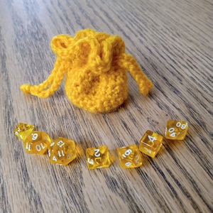 Mini Dice Set with Matching Yellow Handmade Dice Bag - Yellow Crochet Drawstring Dice Bag and Matching Mini Dice DND TTRPG - Miniature Dice