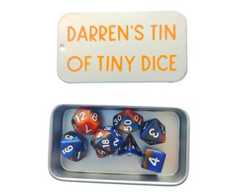 Mini Dice Set with Mini Tin - Personalised and Your Choice of Dice - Teeny Tin of Tiny Dice DND TTRPG - Miniature Dice Set