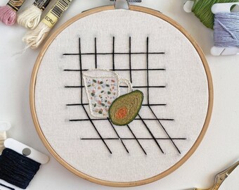 Terrazzo Mug with Avocado on Black and White Grid 5 inch Embroidery