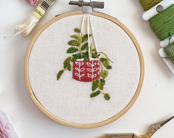 Hanging Plant in Enamel Planter 4 inch Handmade Embroidery