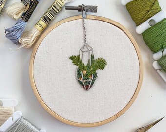 Hanging Fern Terrarium 4 inch Handmade Embroidery