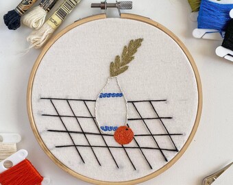 Greek Inspired Vase with Orange on Black and White Grid 5 inch Embroidery