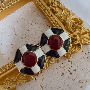 Vintage Hexagon Stud Earrings: Red, Black, and White