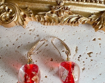 Boucles d’oreilles en or et en verre, boucles d’oreilles en verre d’or rouge, boucles d’oreilles bleues, boucles d’oreilles vertes