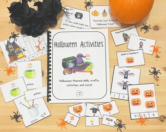 May include: A set of Halloween-themed activities for kids. The activities include counting, matching, and word recognition. The activities are illustrated with cute Halloween characters like witches, ghosts, and pumpkins.