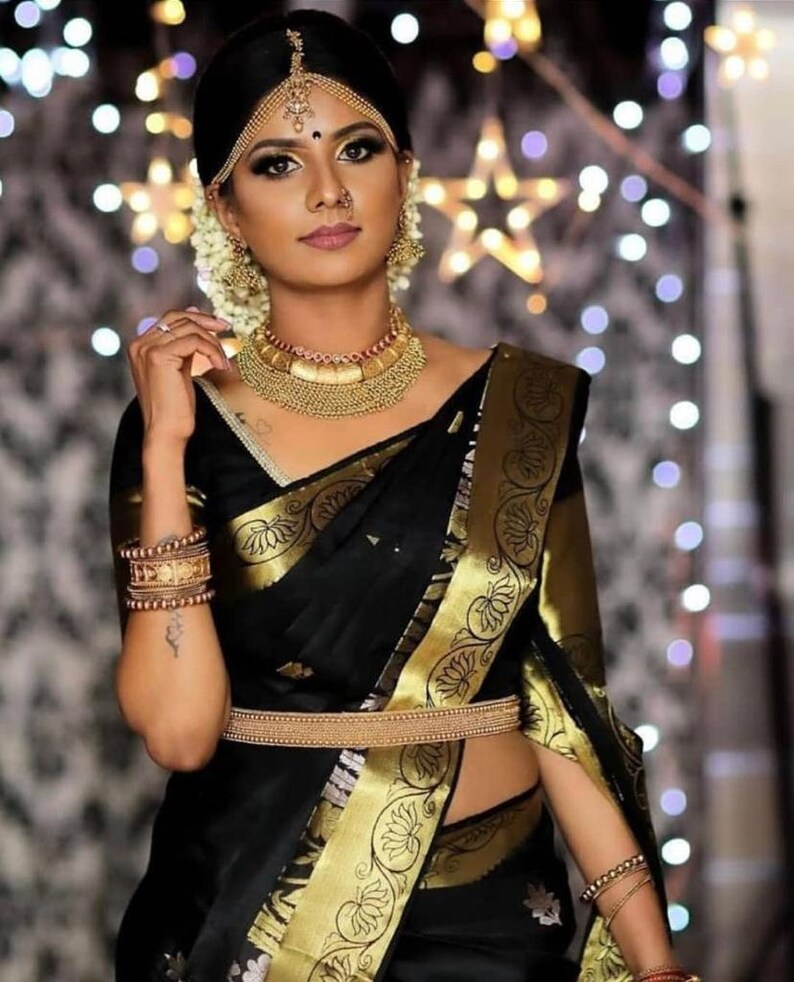 Silk Fabric Black Color With Beautiful Rich Pallu /& Jacquard Work all Over the Saree With Woven Fabric Unstitched Blouse wedding gift saree