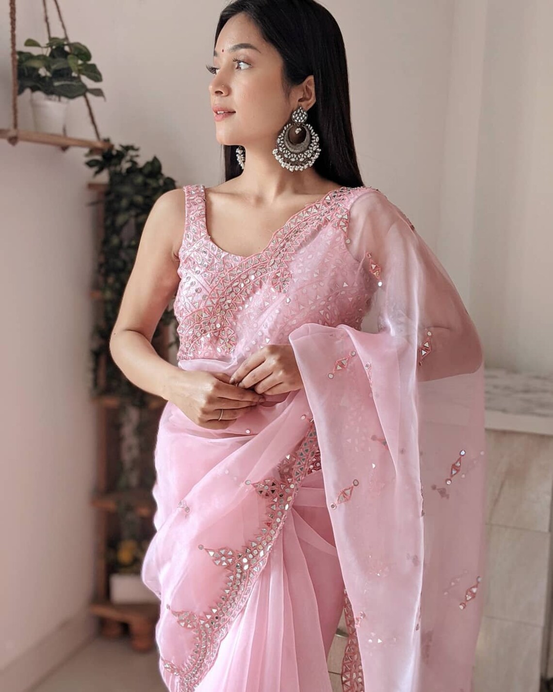 Organza baby pink Silk Saree Contrast Designer Mirror work