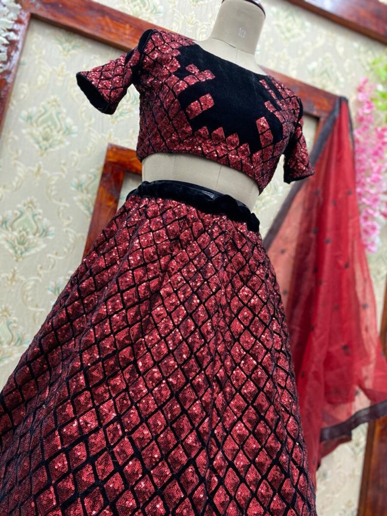 Tissue Net Dupatta Velvet Unstitched Choli With Blouse Velvet Fabric Heavy Sequance Embroidery Work Designer Lehenga With Can Can inner