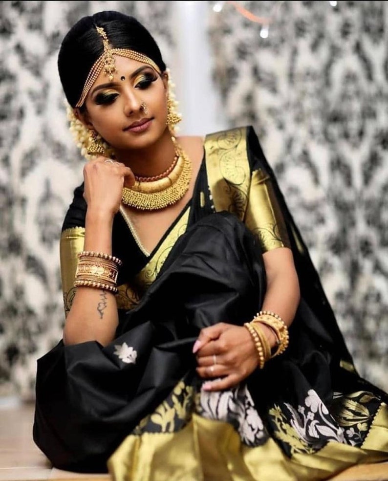 Silk Fabric Black Color With Beautiful Rich Pallu /& Jacquard Work all Over the Saree With Woven Fabric Unstitched Blouse wedding gift saree
