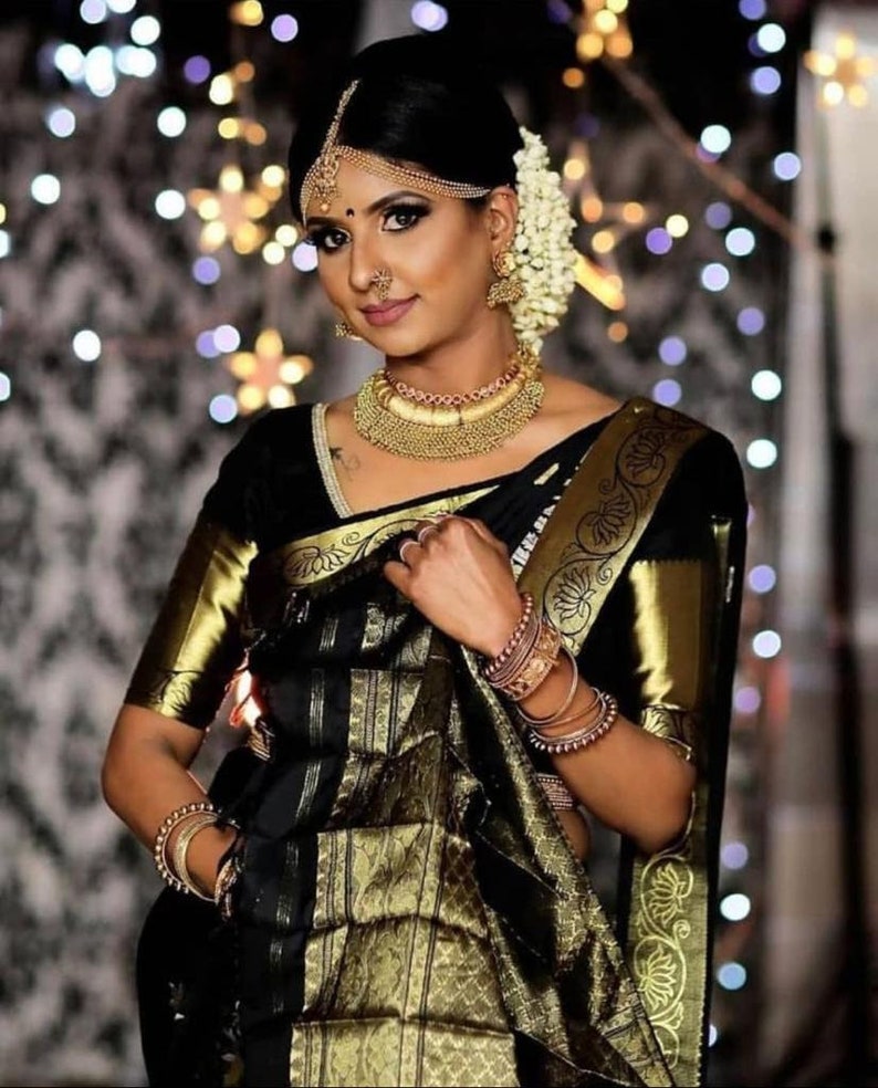 Silk Fabric Black Color With Beautiful Rich Pallu /& Jacquard Work all Over the Saree With Woven Fabric Unstitched Blouse wedding gift saree