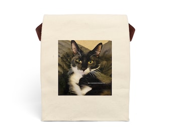 Bolsa de almuerzo de lona con correa y fotografía de un gato blanco y negro de Sally A. SustaitaRubin Photography LLC