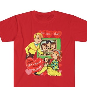 Retro Rock &Roll Vintage Valentinstag Karte auf Unisex Softstyle T-Shirt Geschenk für Deine Liebste Frau, Freundin, Ehemann, Freund