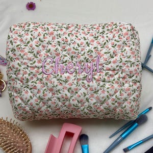 Personalized Floral Makeup Bag, Custom Name Bridesmaid Bag, Embroidered Name Makeup Bag, Travel Cosmetic Pouch, Pink Makeup Pouch, Gifts