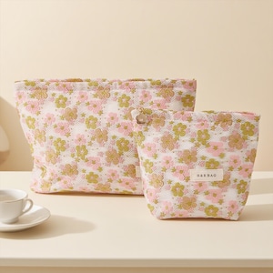 Pink Floral Canvas Cosmetic Bag, Pink Flower Travel Makeup Bag, Fresh Floral Cosmetic Pouch, Handmade Floral Toiletry Bag, Bridesmaid Gifts
