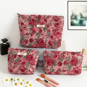 Neceser de maquillaje retro con diseño de peonías rojas, con cremallera, para damas de honor, con rosas, de viaje, para artículos de aseo y regalos.