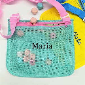Personalized Seashell Zipper Mesh Beach Bag, Seashell Collecting Mesh Bag for Kids, Seashell Mesh Pouch, Custom Name Embroidery Beach Bag