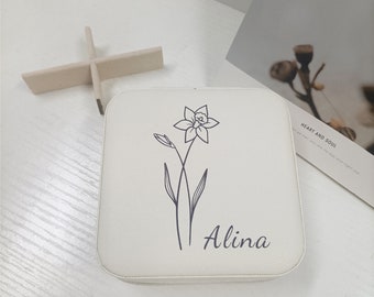 Mini portagioie personalizzato, portagioie con fiore di nascita personalizzato, custodia per gioielli da viaggio, regalo personalizzato per damigella d'onore, regalo unico, souvenir di nozze