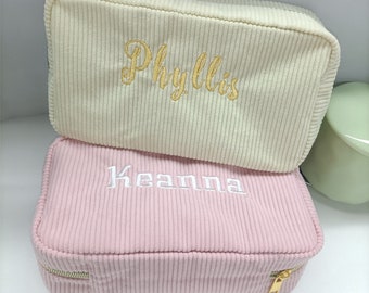 Personalized Embroidered Cosmetic Bag, Custom Minimalist Makeup Bag, Corduroy Storage Bag, Portable Makeup Bag, Gift For Mom, Couple Gift