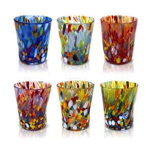 6 Classic Liquor Glasses, Hand-Blown and Crafted with Murano Murrine, &quot;I Colori di Murano&quot; Line, 140 ml. Made in Italy