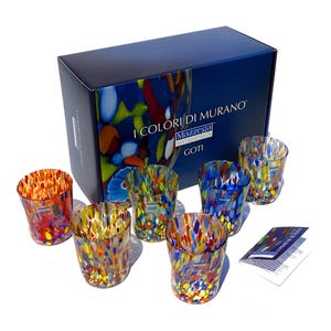 6 TUMBLER CLASSIC Glasses in Blown and Hand-crafted Glass with Murano Murrine, “I Colori di Murano” line 350ml Made in Italy Mix-Sr