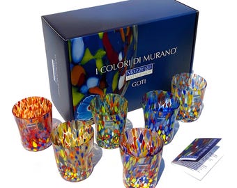 6 TUMBLER CLASSIC Glasses in Blown and Hand-crafted Glass with Murano Murrine, “I Colori di Murano” line 350ml Made in Italy Mix-Sr