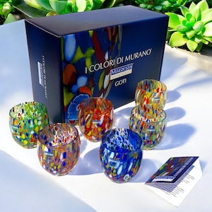 6 ACQUA CLASSIC Glasses in Blown and Handcrafted Glass with Murano Murrine, “I Colori di Murano” line 320 ml. Made in Italy Mix-Sr