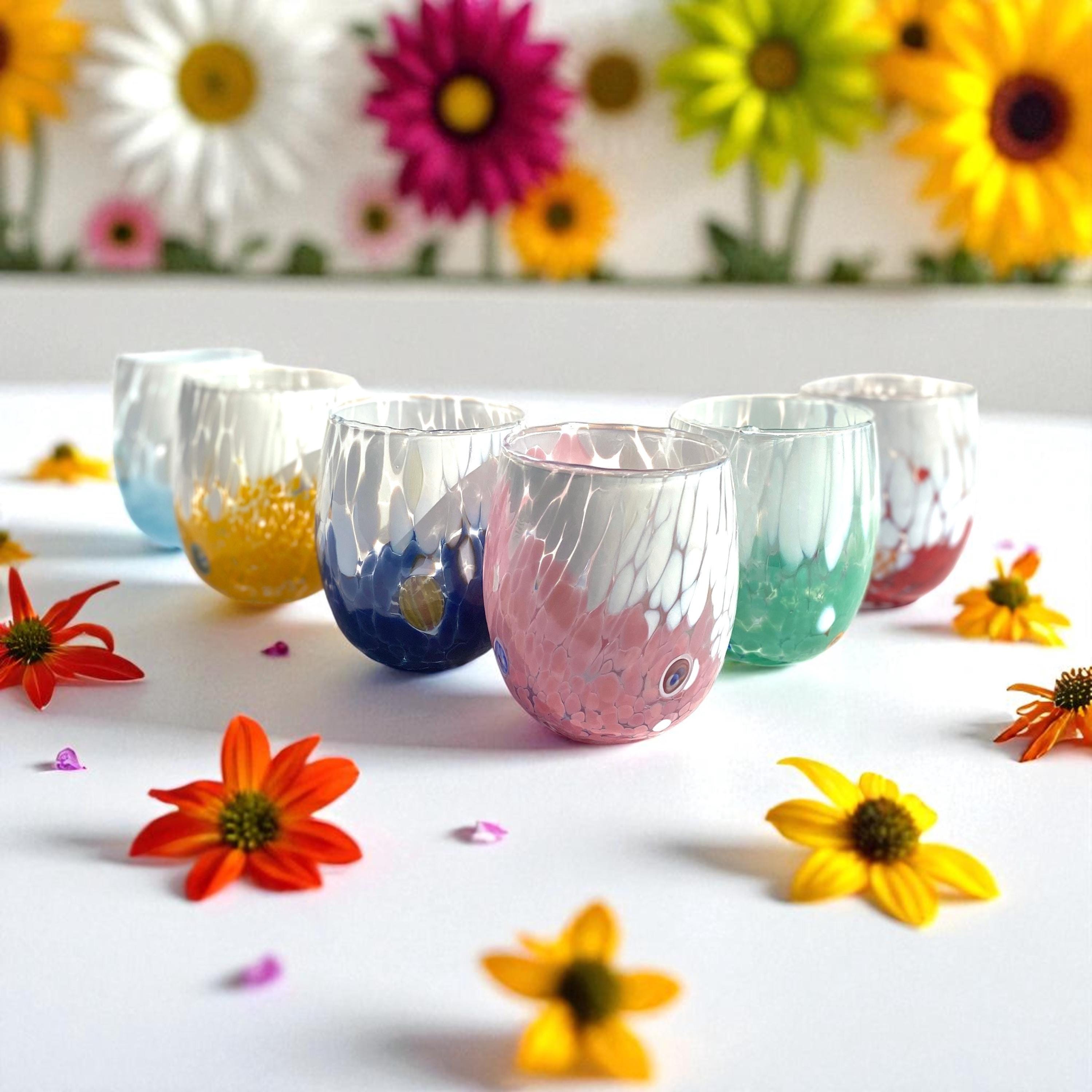 Bicchieri In Vetro Di Murano Mazzega - Set Di 6 Bicchieri Acqua Big Colombina Lavorati A Mano Con Murrine, Made In Italy