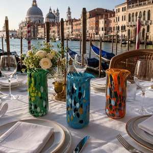 Peut inclure: Trois pichets cylindriques en verre avec des motifs tachetés en vert, bleu et orange, disposés sur une nappe blanche avec des verres à vin, des assiettes et des serviettes. Un bouquet de roses blanches est placé dans un vase en verre.