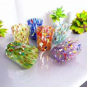 6 TUMBLER COLOMBINA Glasses in Blown and Handcrafted Glass with Murano Murrine, “I Colori di Murano” line 350 ml. Made in Italy