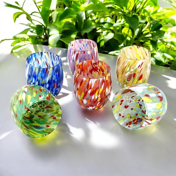 6 große Colombina Acqua Gläser, mundgeblasen und handgefertigt aus Murano-Murrine, Kollektion „I Colori di Murano“, 435 ml. Hergestellt in Italien
