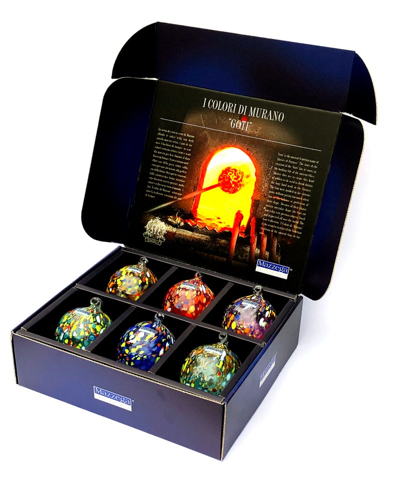 6 boules de Noël en verre Les Couleurs de Murano, avec un élégant coffret cadeau. Soufflé et travaillé à la main. image 1